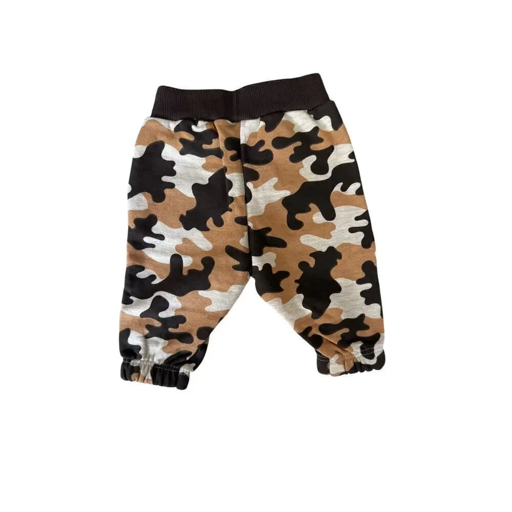 Milon Baby Grey Black Long Sleeve Top And Camo Joggers Set Size P or 3 months